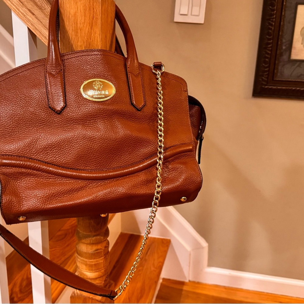 Roberto Cavalli Brown Leather Satchel with Gold Chain